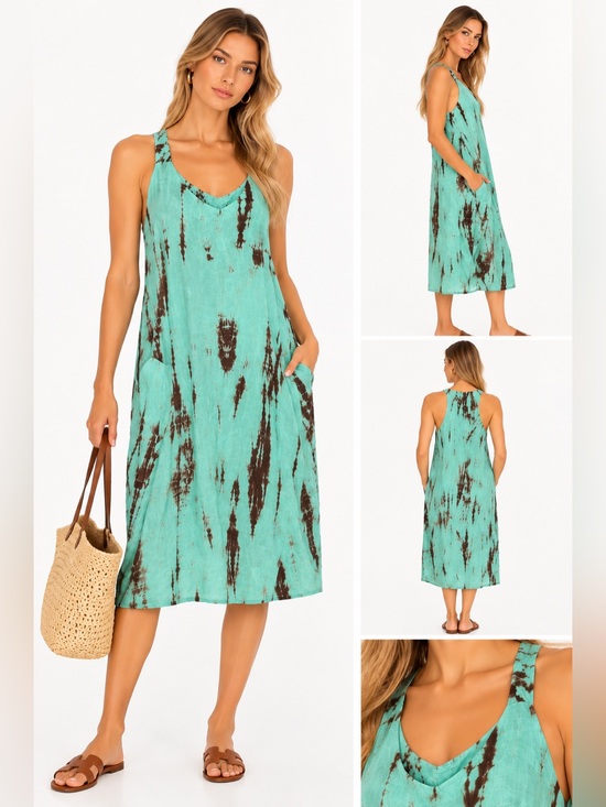 Dresses & Skirts - Linen Tie-Dye Midi Dress Aqua Brown Boho Racerback Sleeveless Pocket Dress